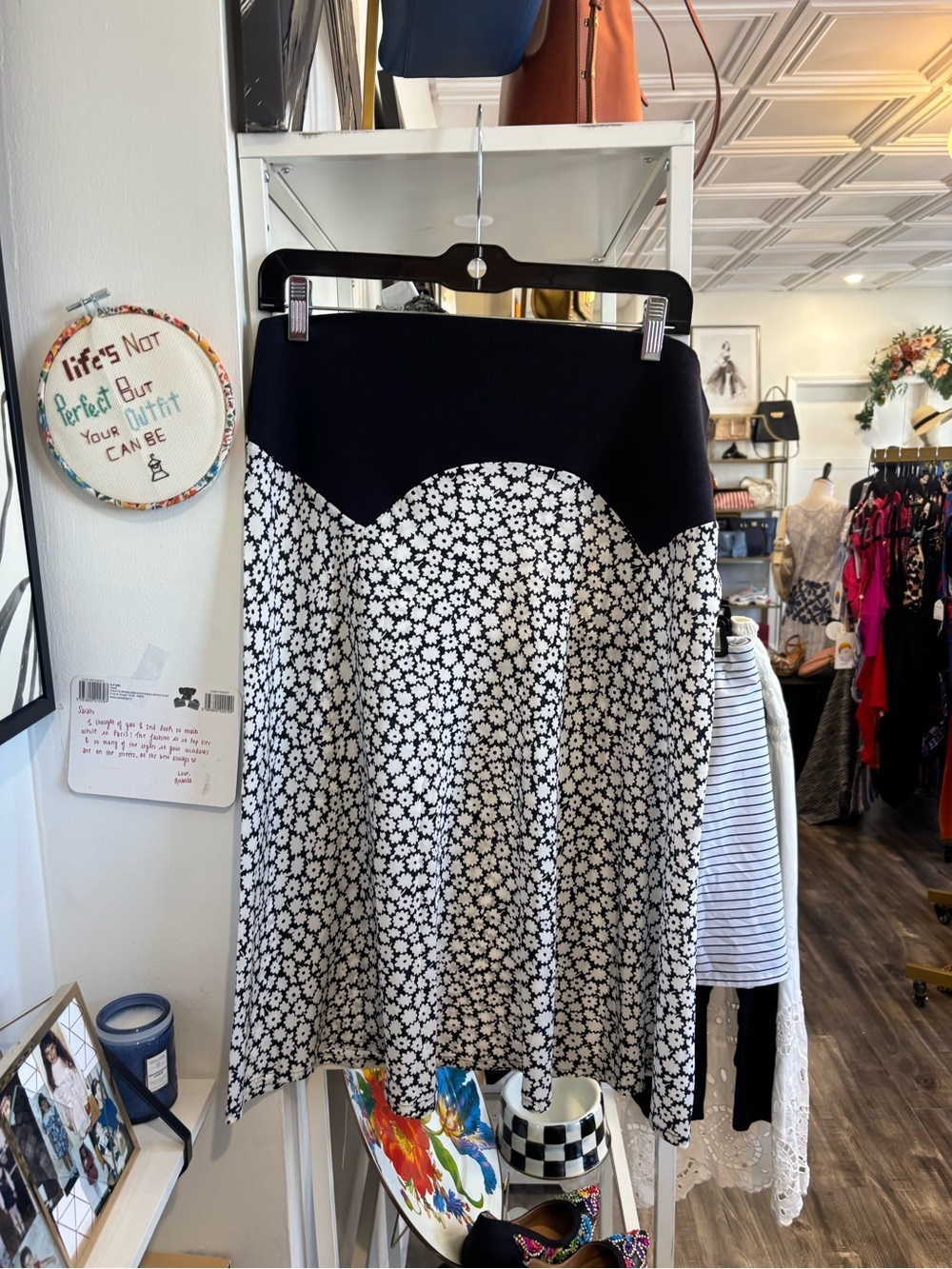 Les Copains Black and White Floral A-Line Skirt with Solid Waist